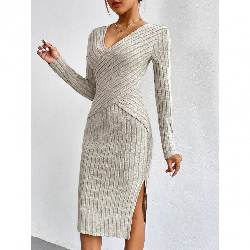 Ribbed Knit Slim Fit Wrap Midi Dress 
