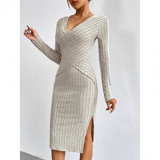 Ribbed Knit Slim Fit Wrap Midi Dress 