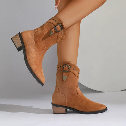 Women’s Mid-Tube Boots – Suede Texture – Pointed Toe – Embroidered – Buckle – Thick Heel