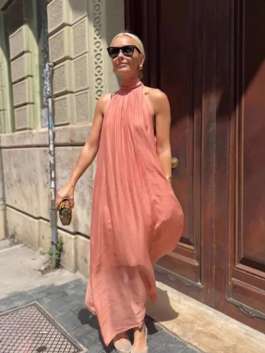 Flowy Cotton Halter Neck Maxi Dress 
