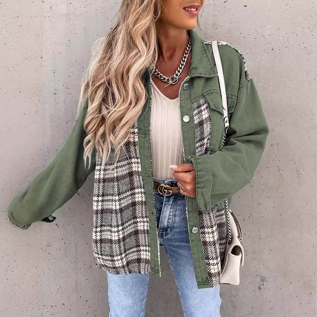 Women’s Denim Jacket – Relaxed Fit – Plaid Panel Accents – Long Sleeve Button-Down