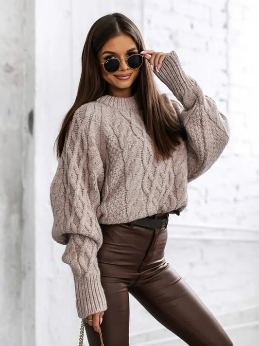 Oversized Cable Knit Wool Blend Pullover Sweater 