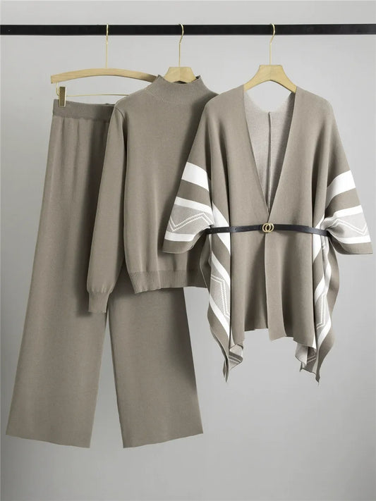 Three-Piece Belted Relaxed Fit Shawl Cardigan 
