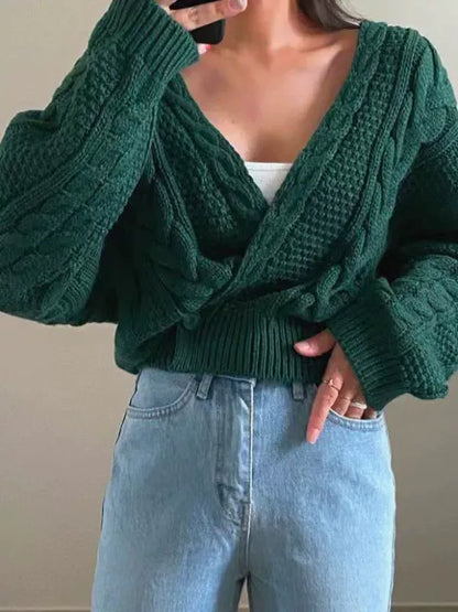 Women’s Knit Sweater – Wool Blend – Oversized Fit – Asymmetric V-Neck – Cable Stitch