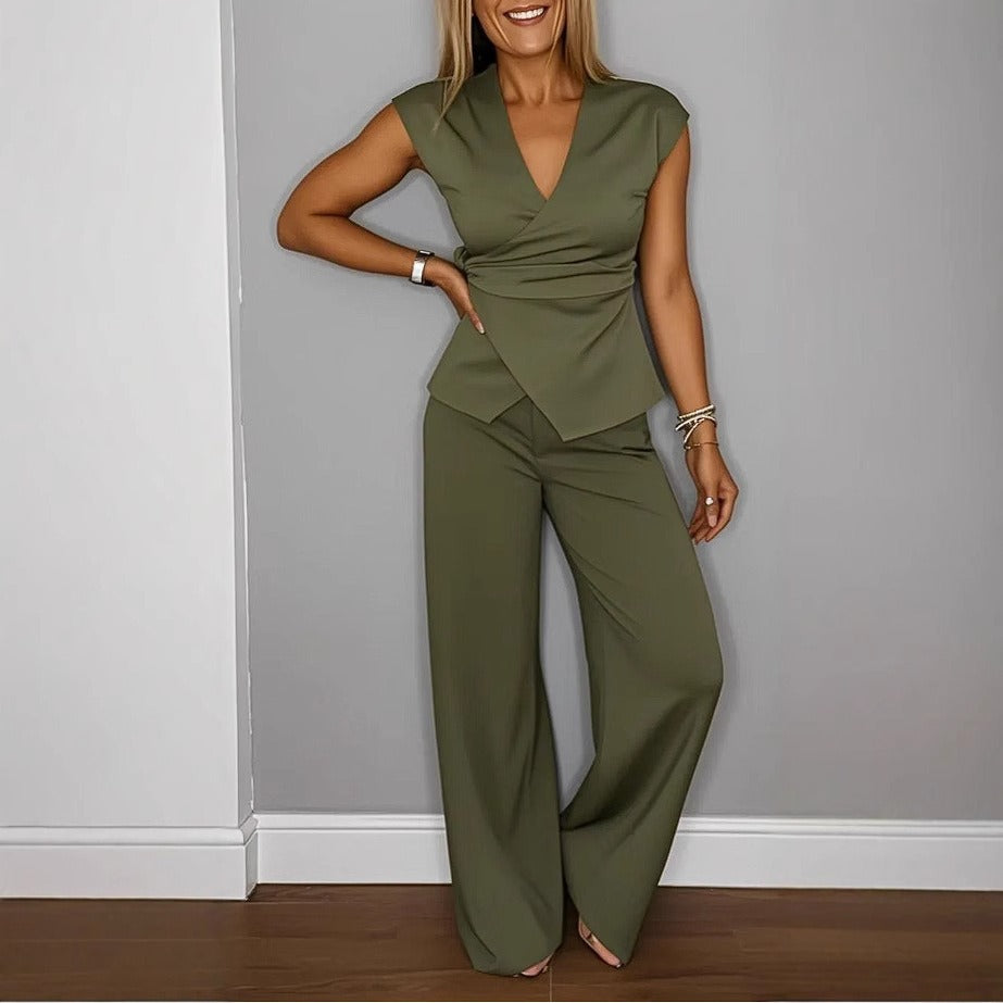 Women’s Two-Piece Set – Sleeveless Wrap Top – High-Waist Wide-Leg Pants – Silky Drape