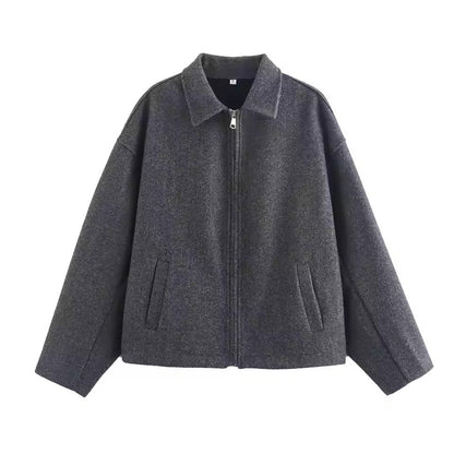 Women’s Jacket – Wool Blend – Loose Fit – Zip Front – Revers Collar – Casual Style