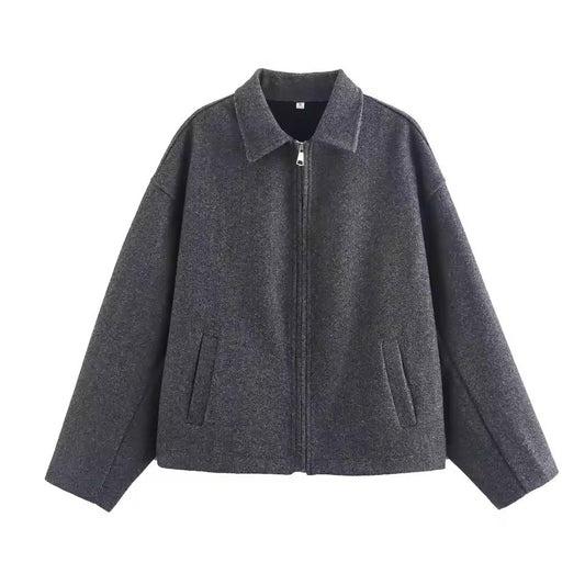 Wool Blend Loose Fit Zip Front Jacket 