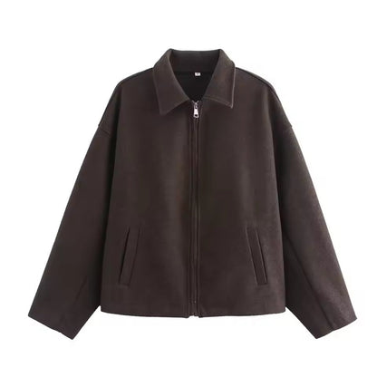 Women’s Jacket – Wool Blend – Loose Fit – Zip Front – Revers Collar – Casual Style