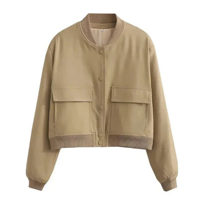 Women’s Bomber Jacket – Relaxed Fit – Cropped Waist – Button Front – Flap Pockets