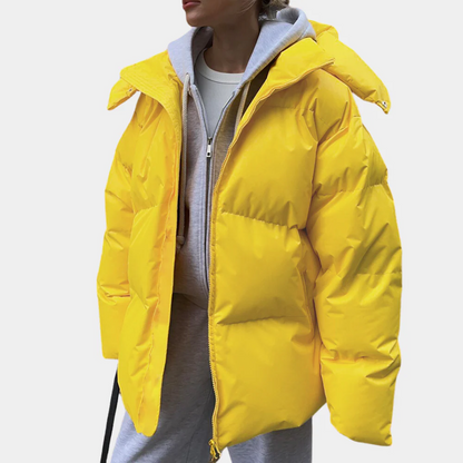Women’s Padded Jacket – Oversized Fit – Quilted Hooded Design – Hip Length Zip Closure