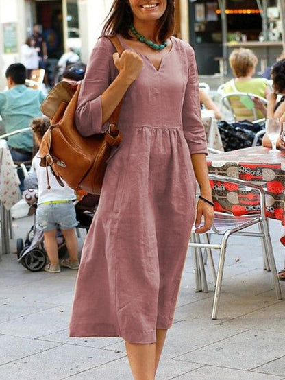 Women’s Midi Dress – Loose Fit – V-Neck – Mid Sleeve – Cotton Blend – A-Line Silhouette