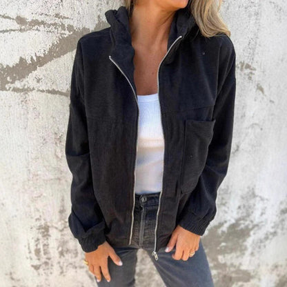 Women’s Corduroy Jacket – Relaxed Fit – Hooded – Full-Zip – Patch Pockets – Ribbed Cuffs