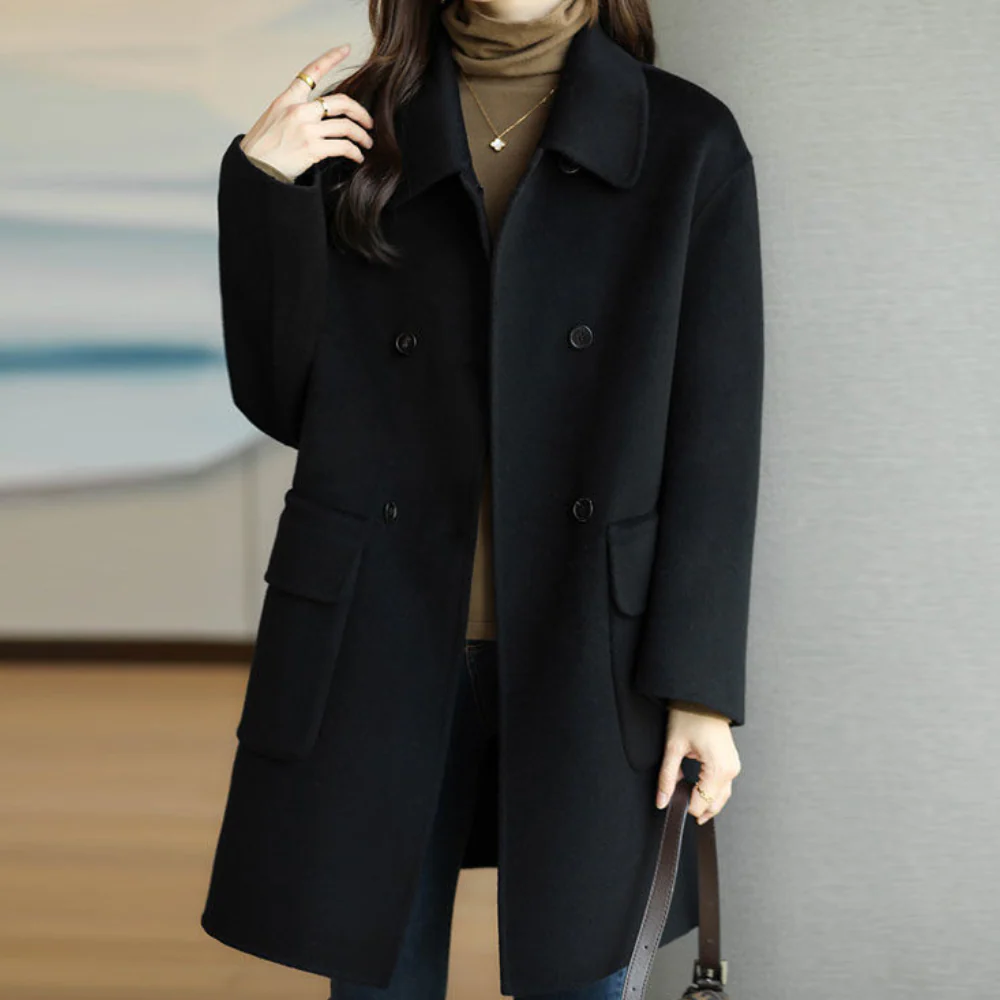 Women’s Double-Breasted Coat – Wool Feel – Structured Fit – Notched Collar – Mid Length