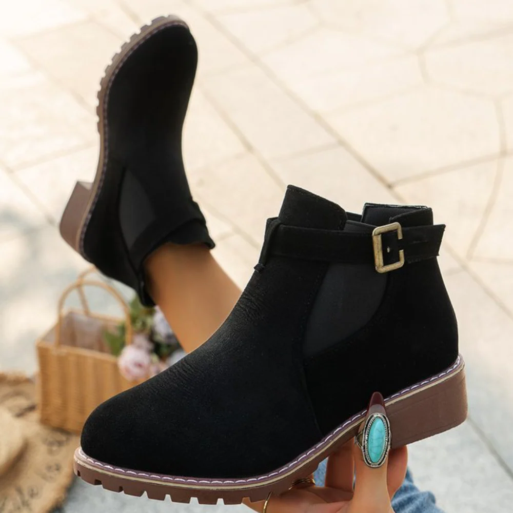 Women’s Ankle Boots – Suede Texture – Buckle Strap – Block Heel – Gripped Sole
