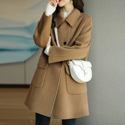 Women’s Double-Breasted Coat – Wool Feel – Structured Fit – Notched Collar – Mid Length
