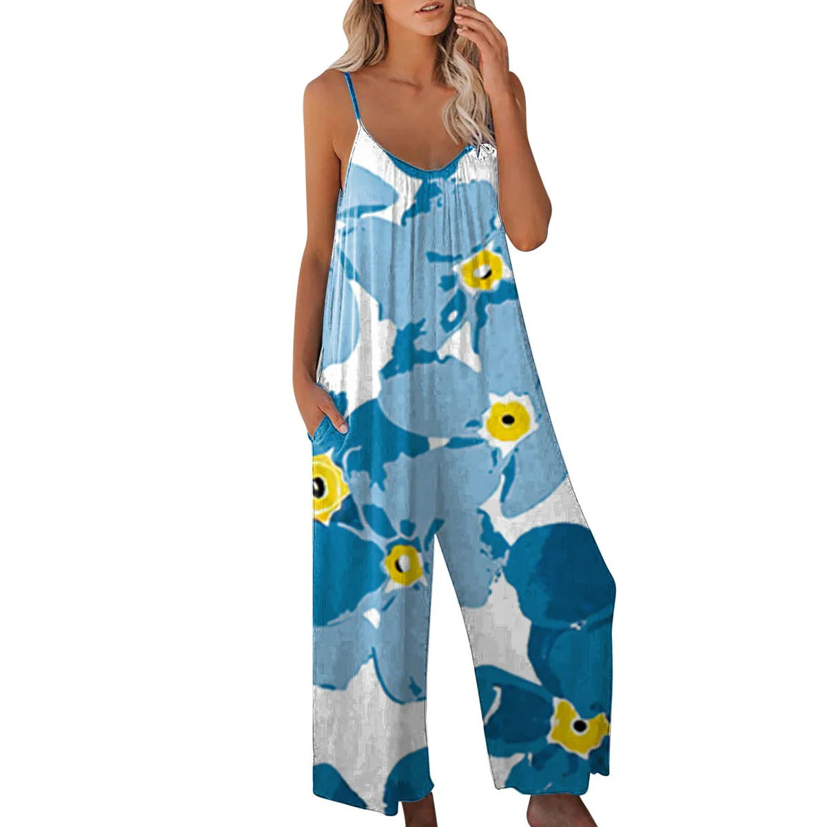 Women’s Jumpsuit – Relaxed Fit – Wide Leg – Spaghetti Straps – Cotton Blend Fabric