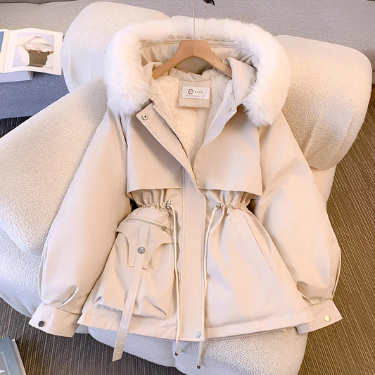 Fur-Lined Cinched Waist Mid-Length Coat 
