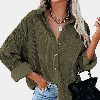 Women’s Corduroy Jacket – Oversized Fit – Button-Up Front – Hip-Length Casual Style
