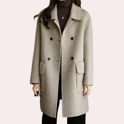 Women’s Double-Breasted Coat – Wool Feel – Structured Fit – Notched Collar – Mid Length