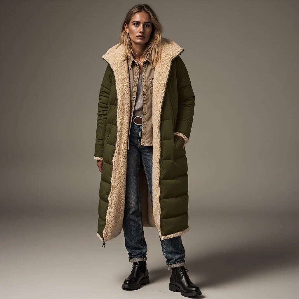 Women’s Quilted Jacket – Relaxed Fit – Fleece Collar – Full Length Insulated Outerwear