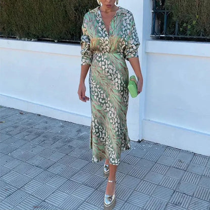 Women’s Two-Piece Set – V-Neck Long Sleeve Top – Midi Skirt – Floral Luxury Fabric