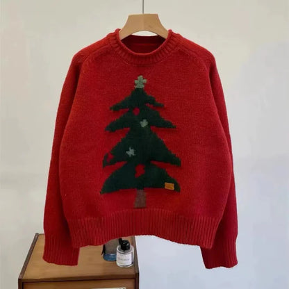 Women’s Pullover Sweater – Wool Blend – Relaxed Fit – Crew Neck with Tree Graphic