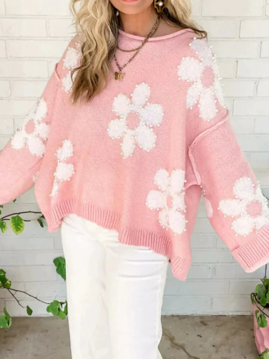 Beaded Floral Oversized Knit Pullover Sweater 