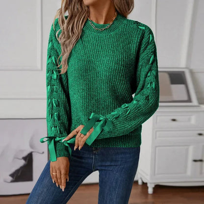 Women’s Pullover Sweater – Relaxed Fit – Soft Knit – Lace-Up Sleeve Detail – Textured Fabric
