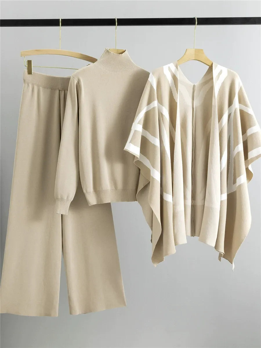 Three-Piece Geometric Knitted Relaxed Open Front Shawl Cape 