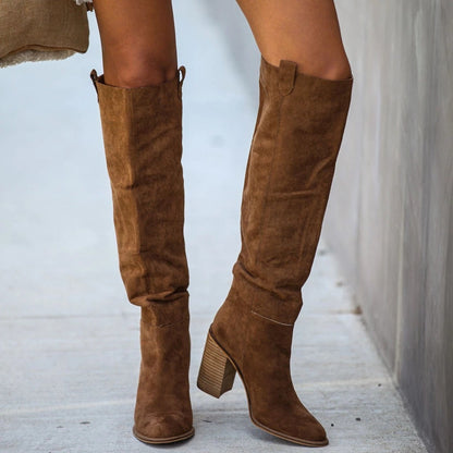 Women’s Over-the-Knee Boots – Faux Suede – Slim Fit – Block Heel – Pull-On Style