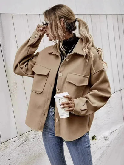 Women’s Wool Coat – Oversized Fit – Notched Collar – Button Front – Hip Length