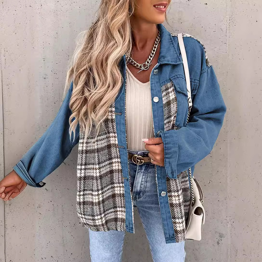 Women’s Denim Jacket – Relaxed Fit – Plaid Panel Accents – Long Sleeve Button-Down