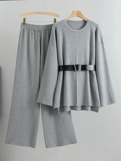 Women’s Knit Two-Piece Suit – Relaxed Fit Sweater with Belt – Wide-Leg Pants