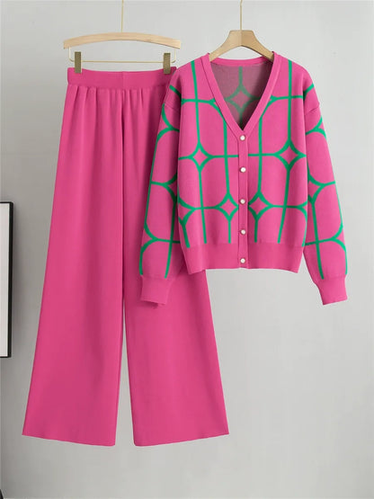 Women’s Two-Piece Knitted Set – V-Neck Cardigan – Geometric Pattern – Wide-Leg Pants