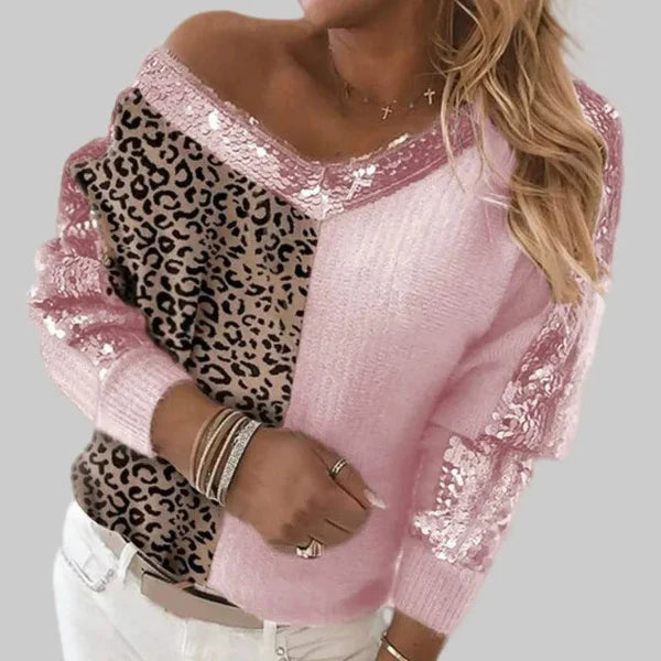 Sequin Trim Leopard Print Relaxed Fit Sweater 