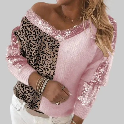 Women’s Pullover Sweater – V-Neck Knit – Sequin Trim – Leopard Print – Relaxed Fit