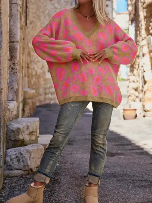 Oversized Jacquard Knit V-Neck Sweater 