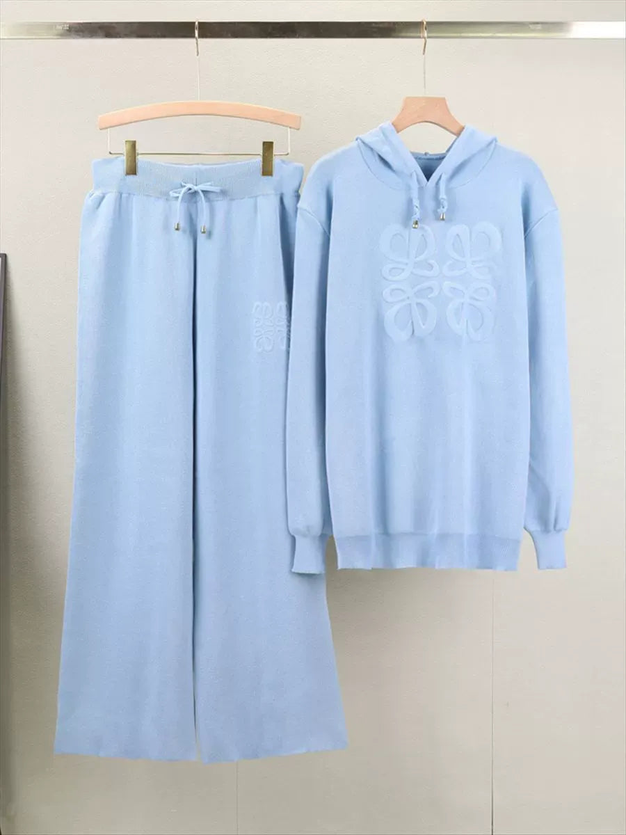Women’s Two-Piece Knit Lounge Set – Oversized Hooded Sweater – Wide-Leg Drawstring Pants