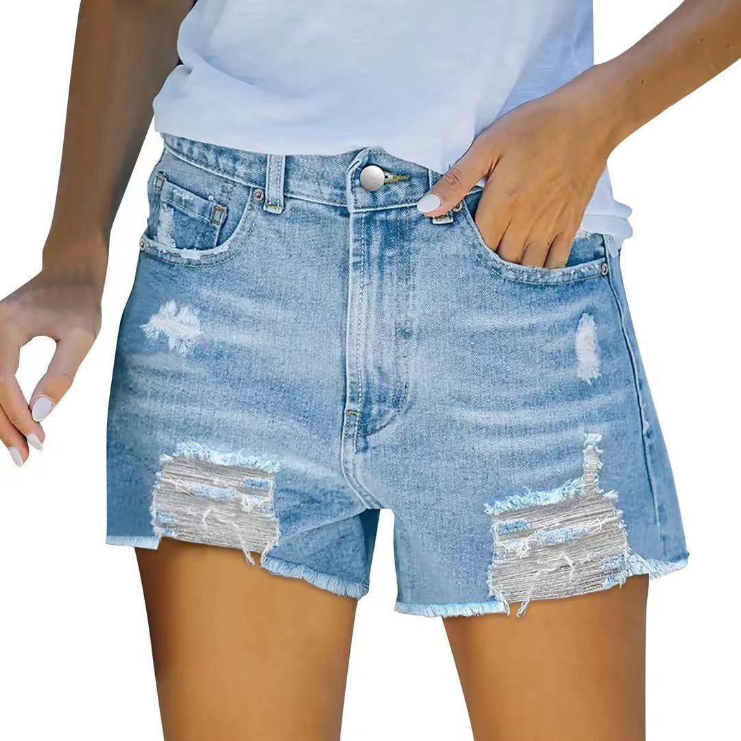 Women’s Denim Shorts – High Waist – Slim Fit – Distressed Frayed Hem – 5-Pocket