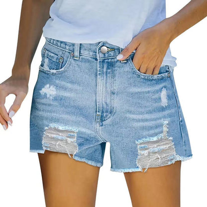 Women’s Denim Shorts – High Waist – Slim Fit – Distressed Frayed Hem – 5-Pocket