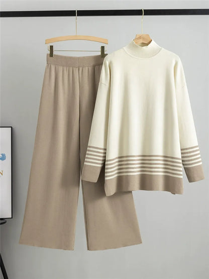 Women’s Two-Piece Set – Knit Sweater and Wide-Leg Trousers – Loose Fit Lounge Wear