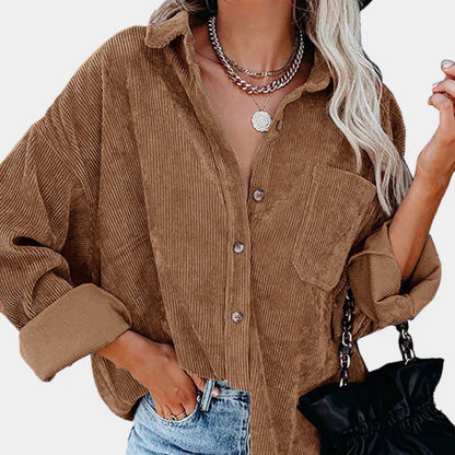 Women’s Corduroy Jacket – Oversized Fit – Button-Up Front – Hip-Length Casual Style