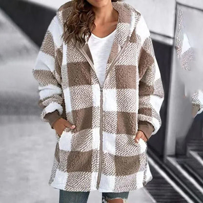 Women’s Hoodie – Oversized Fit – Soft Knit – Full Zip – Checkered Mid-Thigh Length