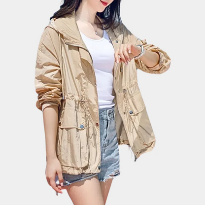 Women’s Jacket – Relaxed Fit – Hooded – Zip Front – Adjustable Waist – Roll-Up Sleeves – Front Pockets