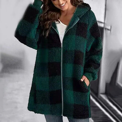 Women’s Hoodie – Oversized Fit – Soft Knit – Full Zip – Checkered Mid-Thigh Length
