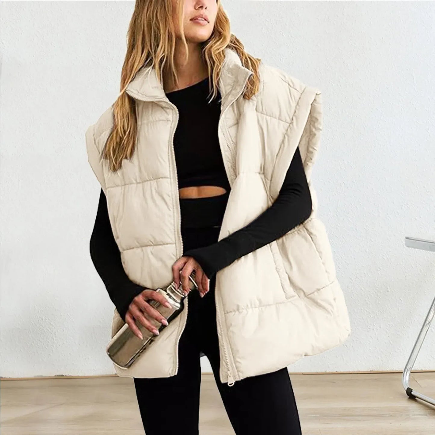 Women’s Puffer Vest – Quilted Insulated – Relaxed Fit – High Collar – Hip Length
