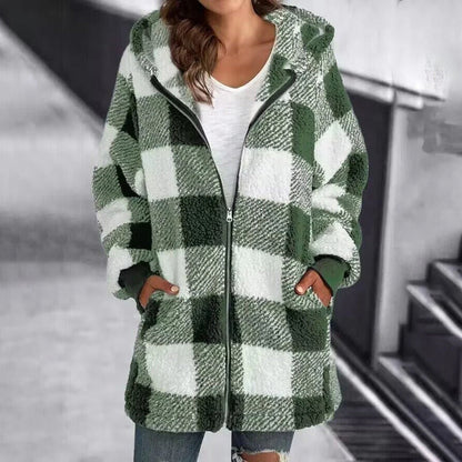 Women’s Hoodie – Oversized Fit – Soft Knit – Full Zip – Checkered Mid-Thigh Length