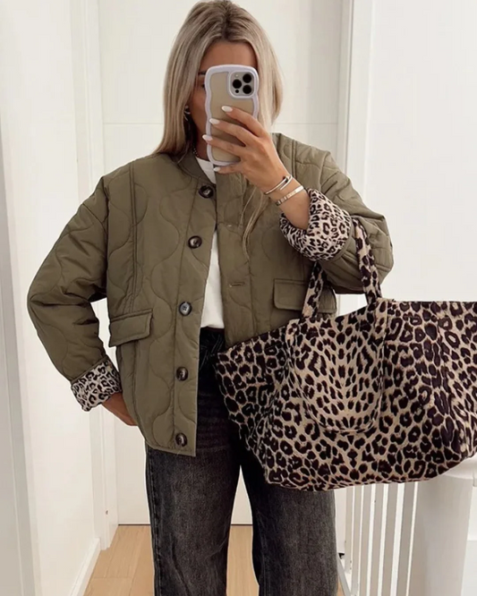 Leopard Print Quilted Relaxed Fit Jacket 