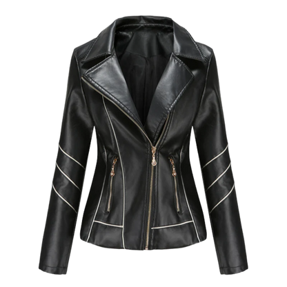 Women’s Leather Jacket – Slim Fit – Asymmetrical Zip – Notched Lapel – Cropped Biker Style – Piping Detail – Zippered Pockets