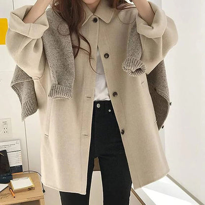 Women’s Wool Jacket – Relaxed Fit – Button Front – Classic Collar – Hip Length